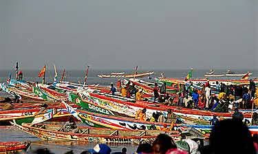 Colorful fishing pirogues lined up on the beach
